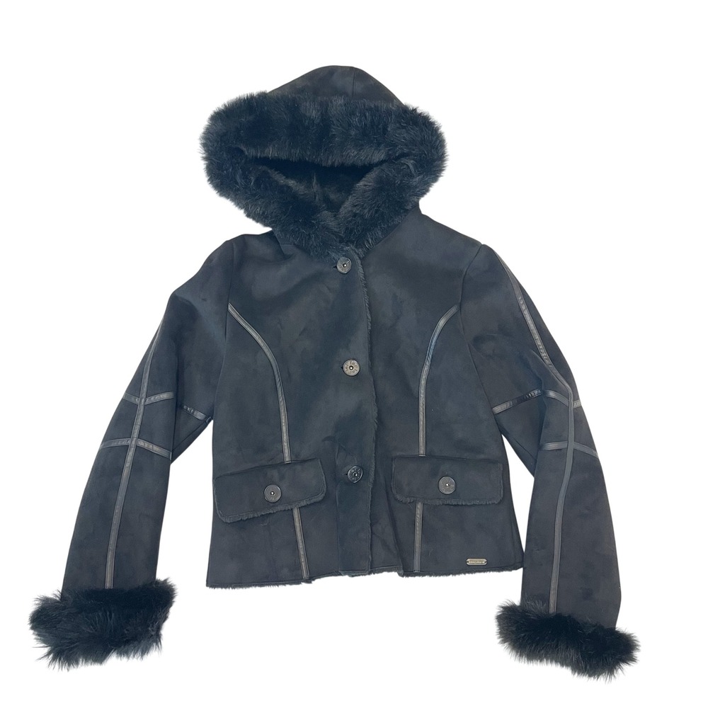 Y2K LEI Black Faux Suede Penny Lane Jacket Faux Fur Hood Bratz - Size Medium
